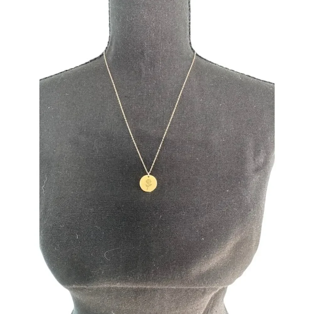 Gold Rose Coin Pendant Necklace Dainty Minimalist Floral Disc Charm 18 Inch